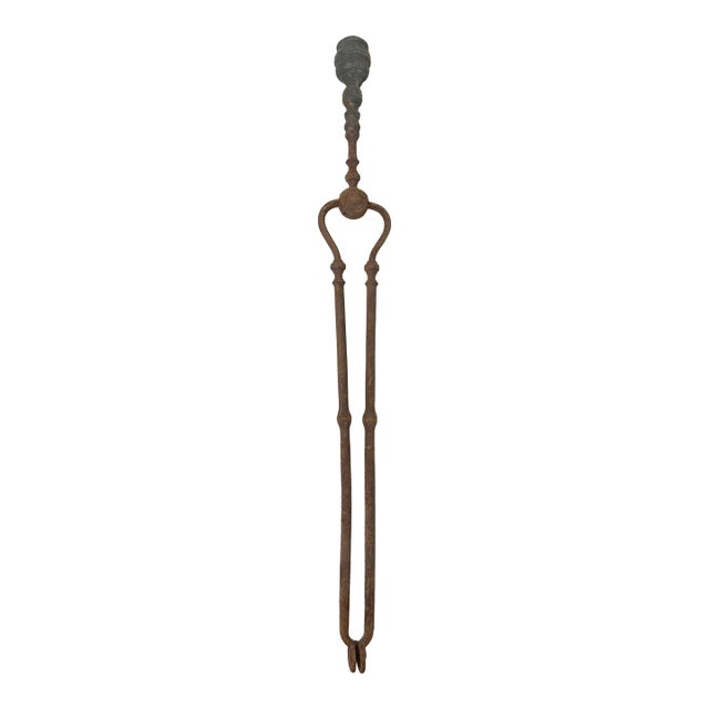 Antique 18th Century Wrought Iron Turned Brass English Fireplace Tongs Tool 12 For Sale