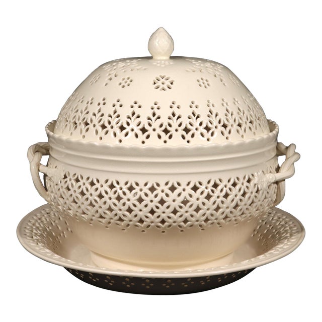 Creamware Covered Pierced Chestnut Basket and Stand, For Sale
