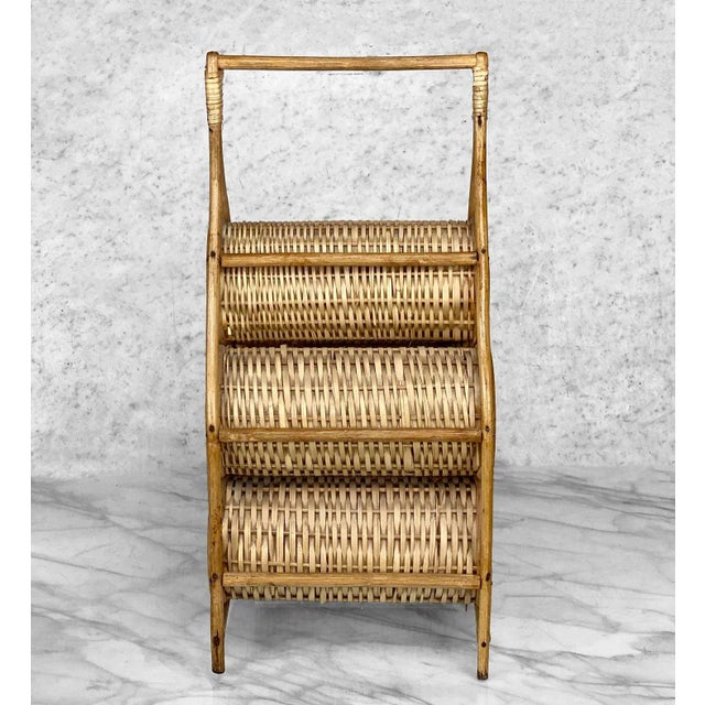 Vintage Boho Coastal Rattan Wicker Sculptural Wine Bottle Rack Holder For Sale - Image 4 of 13