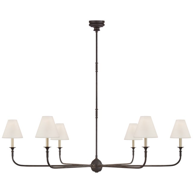 Piaf Grande Chandelier in Aged Iron and Ebonized Oak with Linen Shades Designer: Thomas O'Brien Fixture Height: 18.25"...