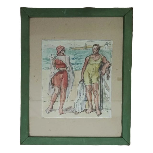 Armand Cacheux, Retour de baignade à la plage, Watercolor and Crayon on Paper, Framed For Sale