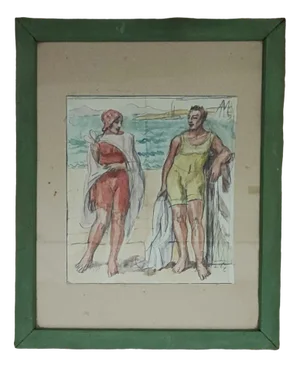 Armand Cacheux, Retour de baignade à la plage, Watercolor and Crayon on Paper, Framed