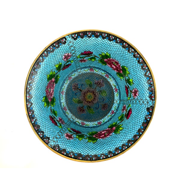 Vintage Mid 20th Century Chinese Cloisonné Decorative Bowl in Brilliant Sky Blue With Floral Motif For Sale - Image 11 of 16
