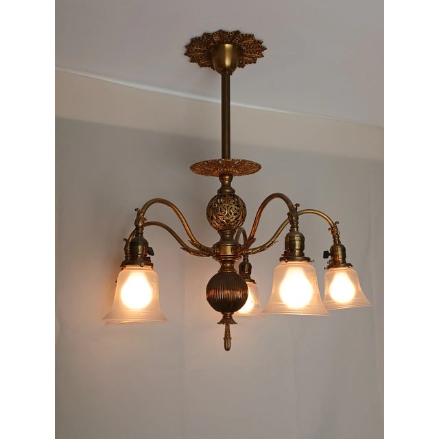 Victorian Antique Steuben Style Brass 5-Armed Chandelier For Sale - Image 3 of 16