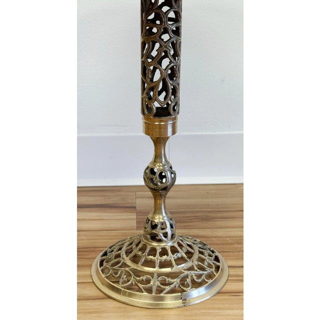 Metal Vintage French Style Round Marble Top Brass Filigree Table For Sale - Image 7 of 10