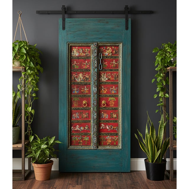 Mid-Century Modern Hand-Carved Ganesha Temple Barn Door in Antique Blue Paint Barn Door 88x42 For Sale - Image 3 of 3