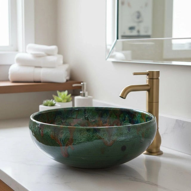 Handmade Green Ceramic Round Bathroom Sink - TerraFez For Sale - Image 6 of 11