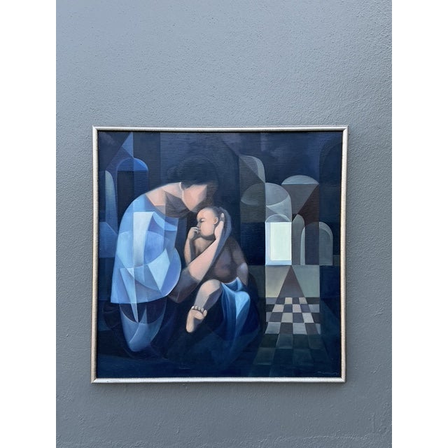 Vintage Original Abstract Figurative Oil Painting of Mother and Child For Sale - Image 4 of 12