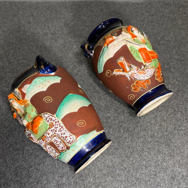 Ceramic Vintage Pair of Japanese Satsuma Morriage Decorated Vases For Sale - Image 7 of 8