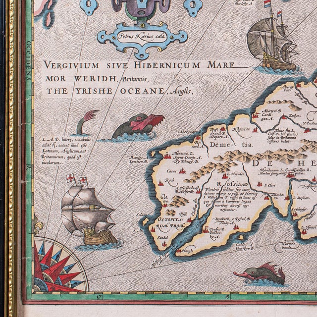 Antique Map of Wales, Belgian, Framed Atlas Excerpt, Elizabethan, Humphrey Llwyd For Sale - Image 10 of 12