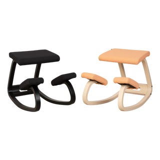 Ash and Fabric Variable Stools in Apricot and Black by Peter Opsvik for Varier, Set of 2 For Sale