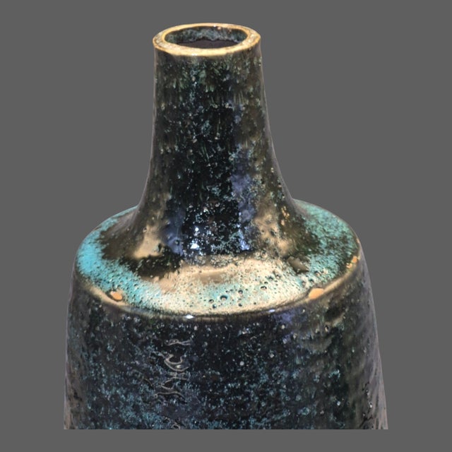 Mid-Century-Modern Textured Reactive Glaze Pottery Bottle Vase Green Blue Color For Sale - Image 4 of 9