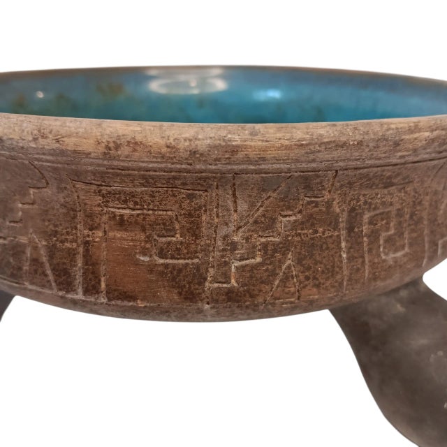 Brown Vintage Mexico Pottery Footed Pedestal Bowl Planter Blue Green Gray Brown Mayan Aztec Design For Sale - Image 8 of 15