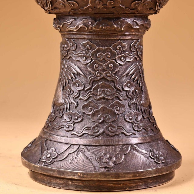 Asian Bronze Vase With Silver-Inlaid Crane Motif - Altar Flower Vase For Sale - Image 3 of 10