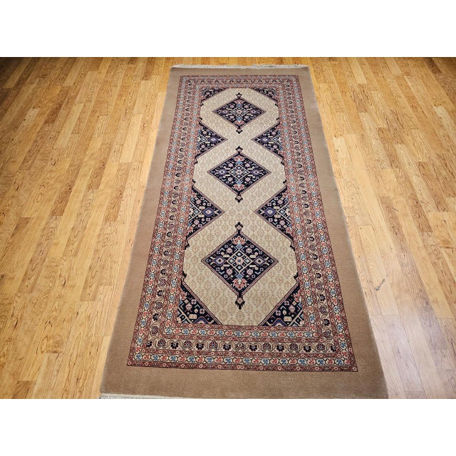Vintage Persian Malayer Gallery Rug, Hand-Knotted Wool, Geometric Pattern, 5x10, Camehair & Navy For Sale - Image 10 of 13