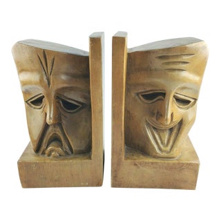 Mid 20th Century Theater Comedy Tragedy Teak Wood Bookends - a Pair For Sale