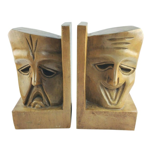 Mid 20th Century Theater Comedy Tragedy Teak Wood Bookends - a Pair For Sale