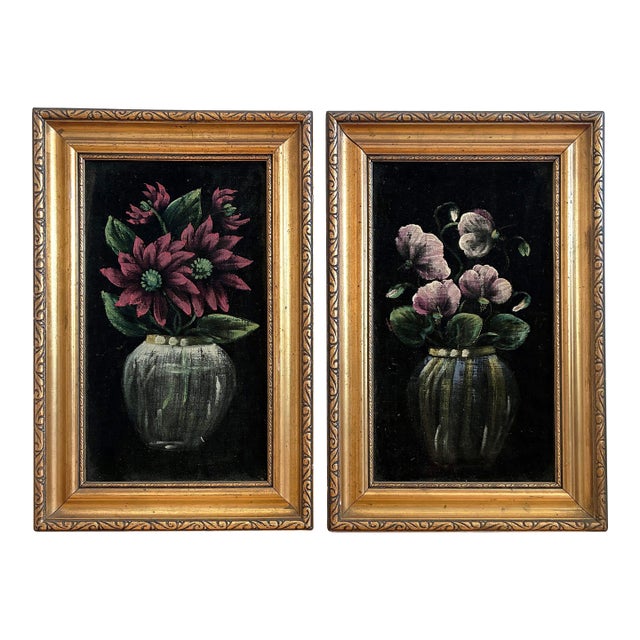 Vintage Original Velvet Flower Oil Painting, Pair of Flower Still Life Art - Set of 2 For Sale