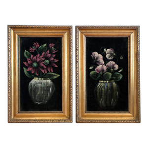 Vintage Original Velvet Flower Oil Painting, Pair of Flower Still Life Art - Set of 2