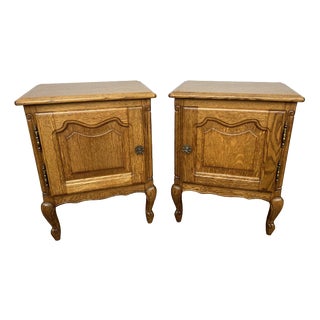 French Louis Oak Bedside Tables with Marble Tops, Set of 2 For Sale