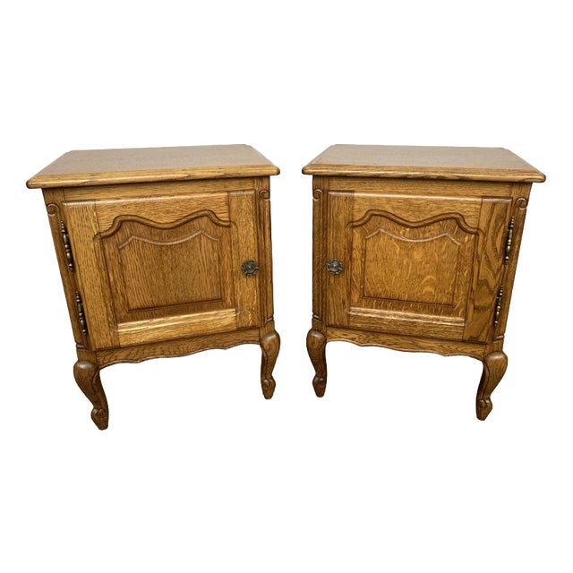 French Louis Oak Bedside Tables with Marble Tops, Set of 2 For Sale