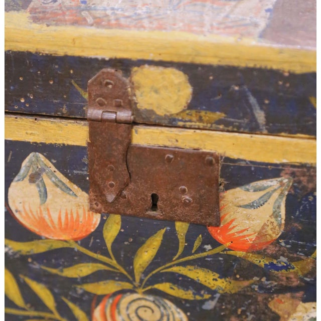 18th Century French Normandy Carved & Painted "Coffre De Mariage" Wedding Trunk For Sale - Image 9 of 12