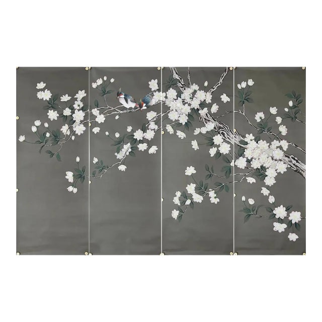 Magnolia Flower Mural Hand Painted Wallpaper - 4 Panels For Sale