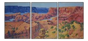 "Red Rock Canyon and Stream" Triptych Landscape Oil by Am. Expressionist George Brinner, Framed - 3 Panels