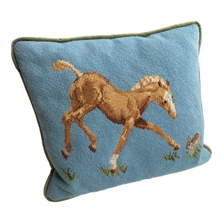 Vintage Needlepoint Horse & Rabbit Pillow For Sale