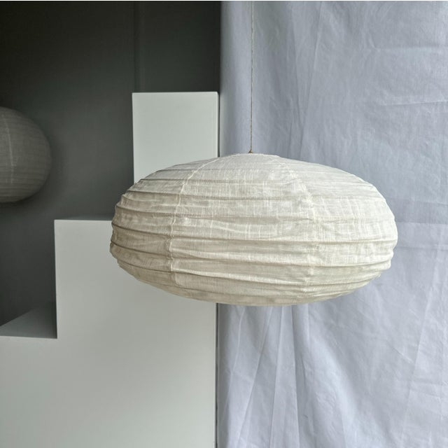Large Oval Flattened Pendant Light in Rattan and Natural Linen, 1980s For Sale - Image 4 of 9