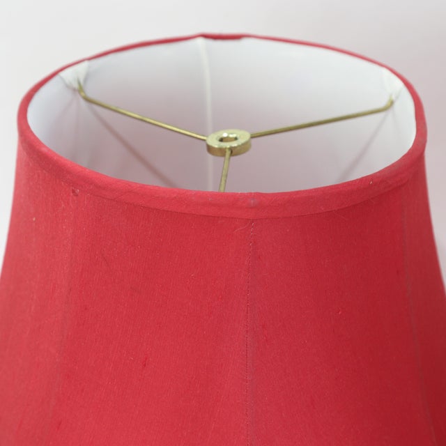 Pair of Vintage Red Textured Raw Silk Scalloped Bell Lamp Shades For Sale - Image 12 of 13