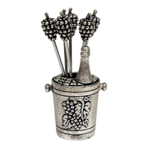 Spanish Silver Tone Grape Bucket Motif Olive Picks, Set of 6