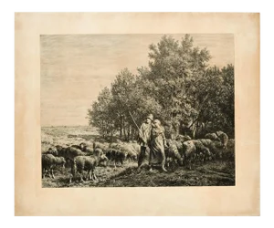 Shepherds with Flock - Original Etching - 19th Century 19th Century