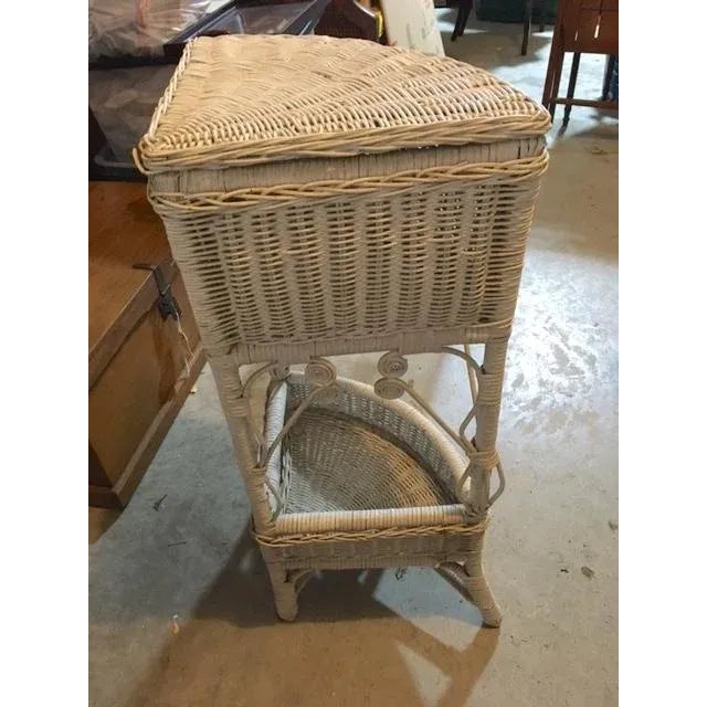 Victorian Vintage White Wicker Corner Stand W Storage For Sale - Image 3 of 11
