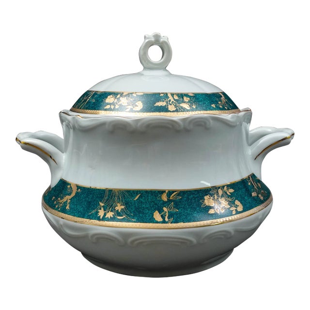 Mid 20th Century Cocema Fes Morocco Prestige Design Green & Gold Porcelain Covered Soup Tureen For Sale