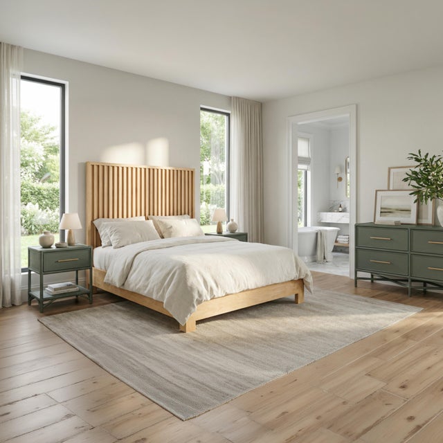 The Nova Bed brings sculptural simplicity and natural texture to the bedroom. Crafted from wood and detailed with evenly...