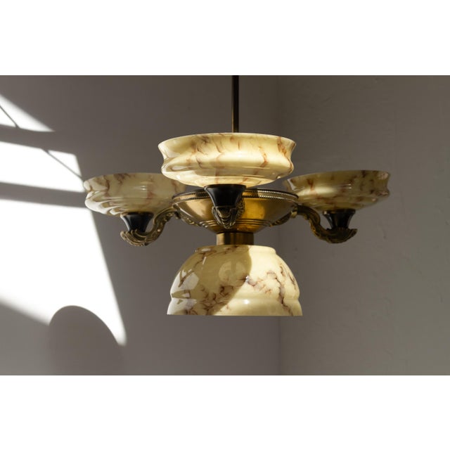Danish Art Nouveau Chandelier with Marbled Opaline Shades, 1920s. Stunning and cozy four light ceiling lamp made in...
