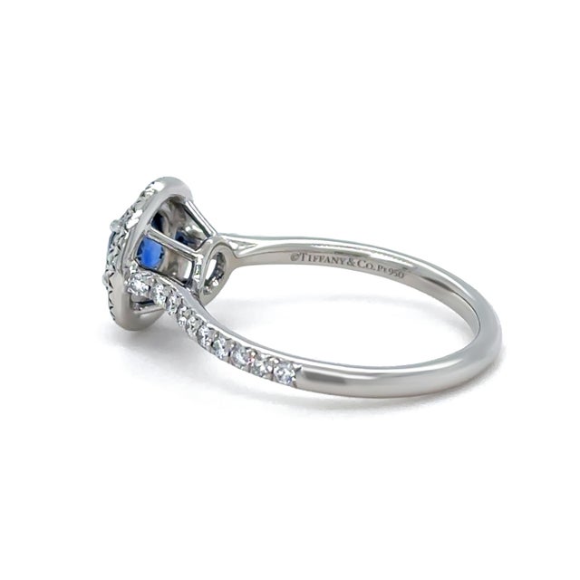 2020s Tiffany & Co. Platinum Blue Sapphire & Diamond Engagement Ring 1.15ct 4.65g, Size 6.75 For Sale - Image 5 of 10