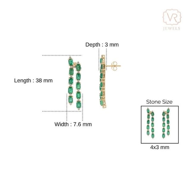 3.94ct Emerald Diamond Long Double Dangle Drop Earrings in 14k Yellow Gold- A Pair For Sale - Image 9 of 12