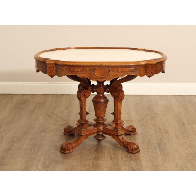 Antique Victorian Carved Walnut Marble Top Parlor Table For Sale - Image 12 of 12