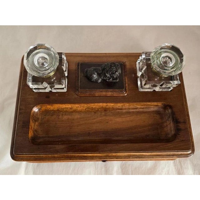 19th Century Olive Wood Twin Inkwell Standish with Bronze Lion Dog For Sale - Image 18 of 18