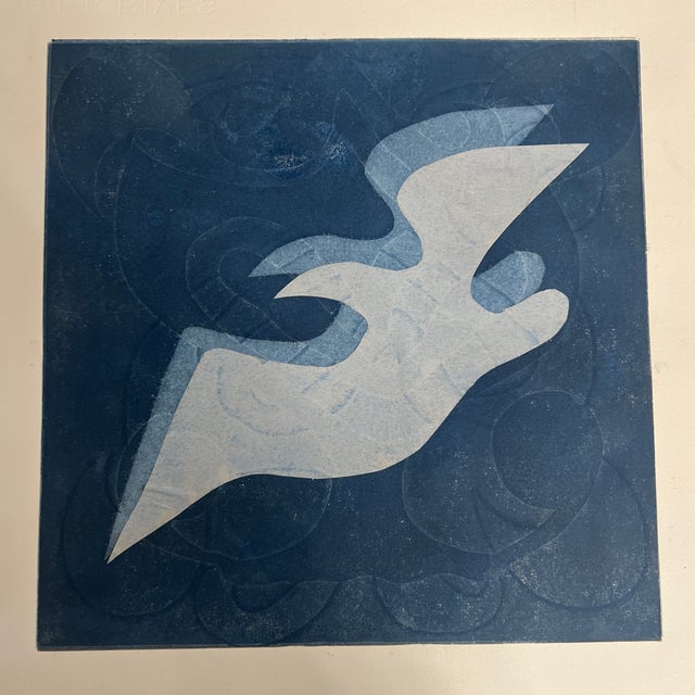 Original mixed media monotype and collage “L’oiseau I” 1/1, unframed Artist signed on back Shades of blue