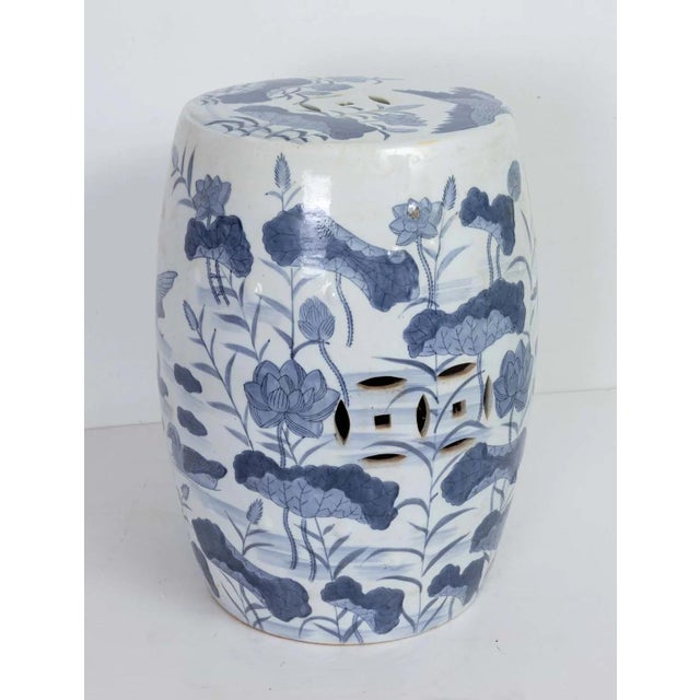 Blue And White Chinoiserie Ceramic Garden Stool, in good overall condition. Slight wear to finish from age and use. Bright...