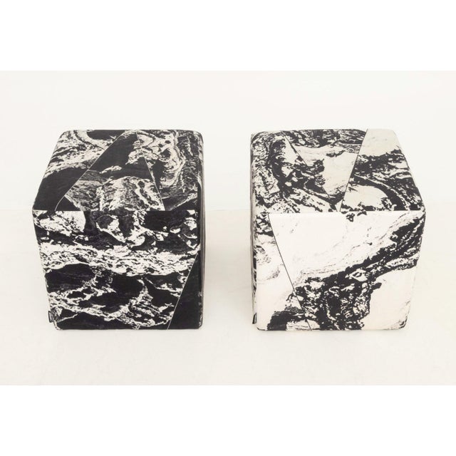 Textile Pair of Unison Black Marble Upholstered Cube Ottomans For Sale - Image 7 of 7