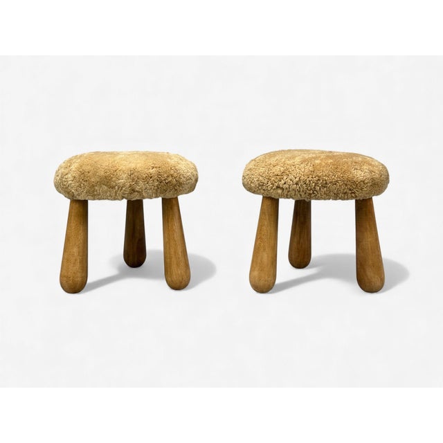 Danish Modern Style, Honey Sheepskin, Maple, Shearling Footstools, Usa, 21st C. For Sale - Image 4 of 10