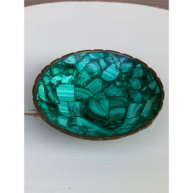 Neoclassical Vintage Malachite Brass Rimmed Bowl For Sale - Image 3 of 4