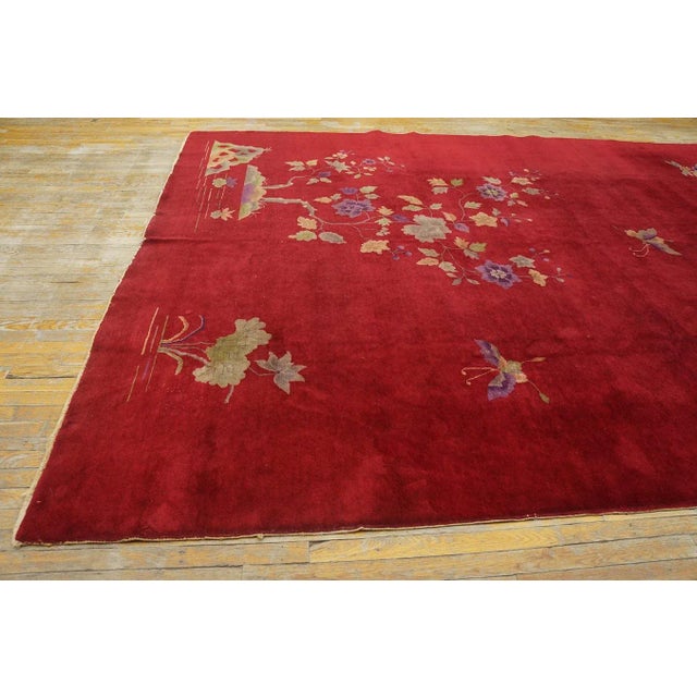 1920s 1920s Ruby Red Floral Antique Chinese Art Deco Carpet 9' X 12 Knotted Wool Rug For Sale - Image 5 of 10