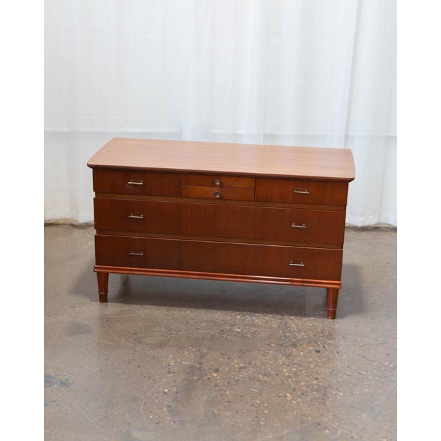 1950s Deco Style Danish Petite Chest of Drawers With Brass Hardware and Carved Legs, C. 1950s For Sale - Image 5 of 14