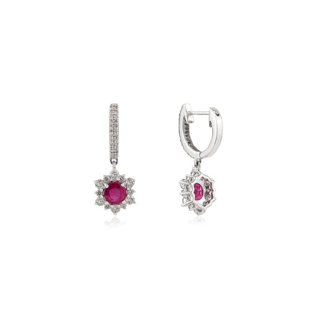 Vintage-Inspired 14k White Gold Drop Earrings With 1.7 Ct Ruby & Diamond Halo- A Pair For Sale In New York - Image 6 of 11