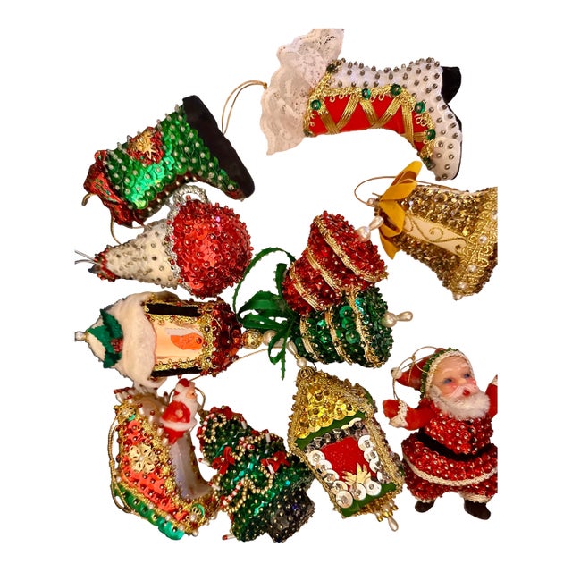 Set of 13 Vintage MCM Iconic Hand Made Sequin Push Pin Ornaments For Sale